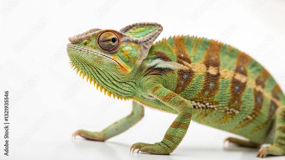 Obraz premium Chameleon in full view on white studio background