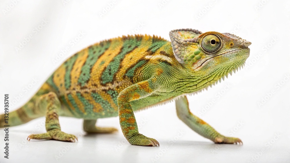 Fototapeta premium Chameleon in full view on white studio background