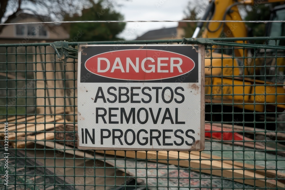 Danger Asbestos Removal in Progress Sign at Construction Site