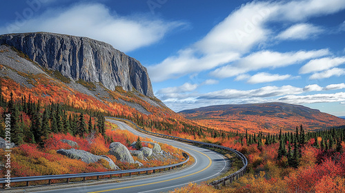 Curving highway surrounded by bright orange and red autumn trees near cliffs