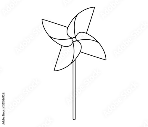 Hand drawn cute outline illustration of paper pinwheel. Flat vector kids toy line art doodle. Rotation propeller game. Windmill craft origami icon. Vacation or leisure sticker. Way forward. Isolated.