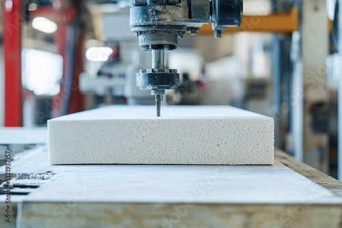 Close-up of cnc machine drilling foam block in industrial workshop