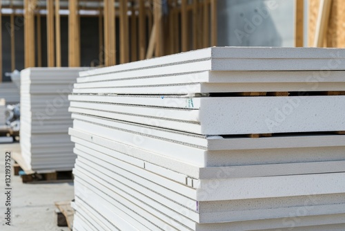 Stacked drywall sheets at construction site with wooden framework in background
