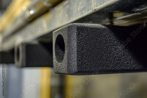 Close-up of black foam block with hollow center in industrial setting