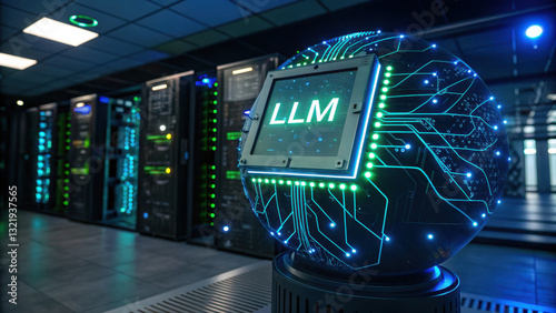 LLM, large language model conceot, Glowing LLM hub in data center with advanced technology and servers