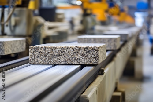 Granite blocks on industrial conveyor belt in factory setting