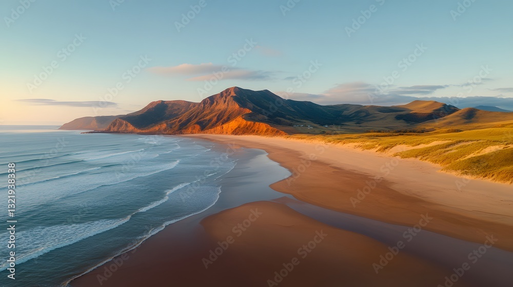 Fototapeta premium Serene Coastal Landscape at Sunset with Dramatic Mountain Backdrop