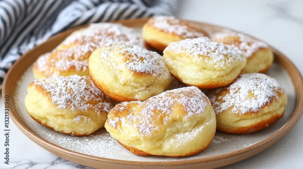 Fluffy Sweet Pastries with Powdered Sugar on a Round Plate Fluffy Sweet Pastries with Powdered Sugar on a Round Plate