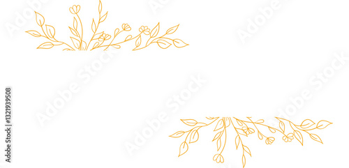 Floral golden banner with elements of leafy branches, depicted in hand-drawn sketch, doodle style.
