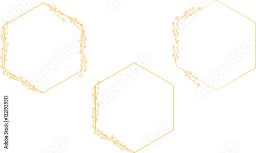 Floral polygonal frame with leafy twigs elements, depicted in hand drawn sketch, doodle style. Golden geometric frame suitable for weddings or greeting cards.