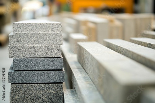 Granite slabs stacked in stone warehouse industrial background