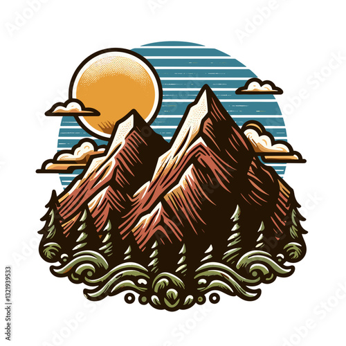 Scenic mountain landscape with trees, sun and clouds in vintage style. Vector illustration perfect for outdoor adventure branding, nature tourism materials, or rustic home decor prints.