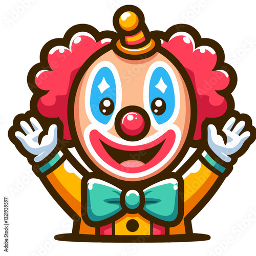 Cheerful cartoon clown with red hair, blue eyes and bow tie. Vector illustration perfect for circus promotions, children's entertainment events, or carnival themed decorative graphics.