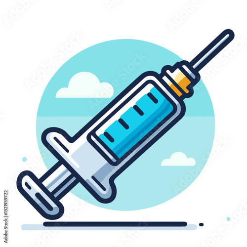 Blue medical syringe in circular sky background with clouds. Vector illustration perfect for vaccination campaigns, healthcare education, or medical procedure informational materials.