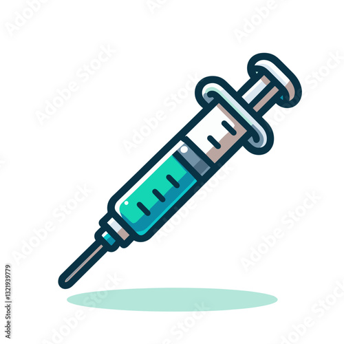 Medical syringe with green liquid and mint shadow on white background. Vector illustration perfect for vaccination campaigns, healthcare education materials, or pharmaceutical company branding.