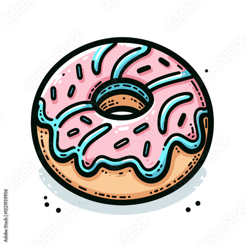 Glazed donut with pink frosting and teal drizzle on light background. Vector illustration perfect for bakery marketing, dessert menu graphics, or food blog illustrations.