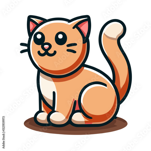 Simple cartoon orange cat in sitting position on brown surface. Vector illustration ideal for pet shop branding, animal shelter materials, or children's educational content.