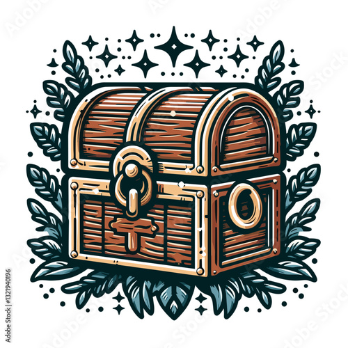 Detailed wooden treasure chest with ornate decorations surrounded by leaves and stars. Vector illustration ideal for gaming graphics, adventure themed designs, or fantasy role-playing materials.