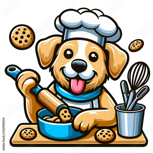 Golden retriever dog in chef hat baking cookies with rolling pin and utensils. Vector illustration perfect for pet bakery branding, dog treat recipe materials, or animal cooking class promotions.