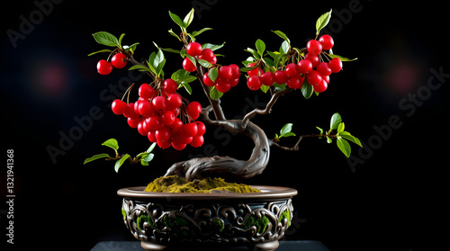 Miniature Marvel: A Bonsai Cherry Tree with Lush Green Leaves photo