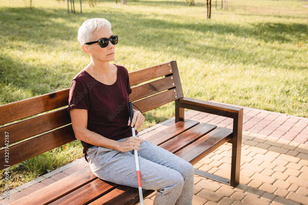 Φωτογραφία An elderly caucasian visually impaired woman in black casual sunglasses sitting wooden bench in park with white folded tactile cane stick in hands