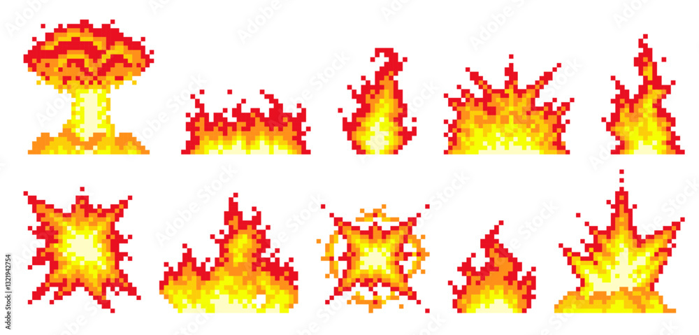 Pixel flames and explosions. Flashes, burning, and fire, retro 8 bit video games objects, burst effects, flame icons, qualitative. Nuclear weapon cartoon flat style isolated vector set