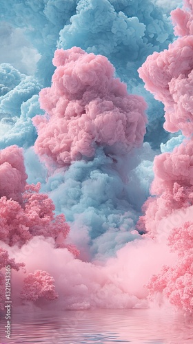 Pastel pink blue cloudscape reflecting on calm water; dreamy background for design photo