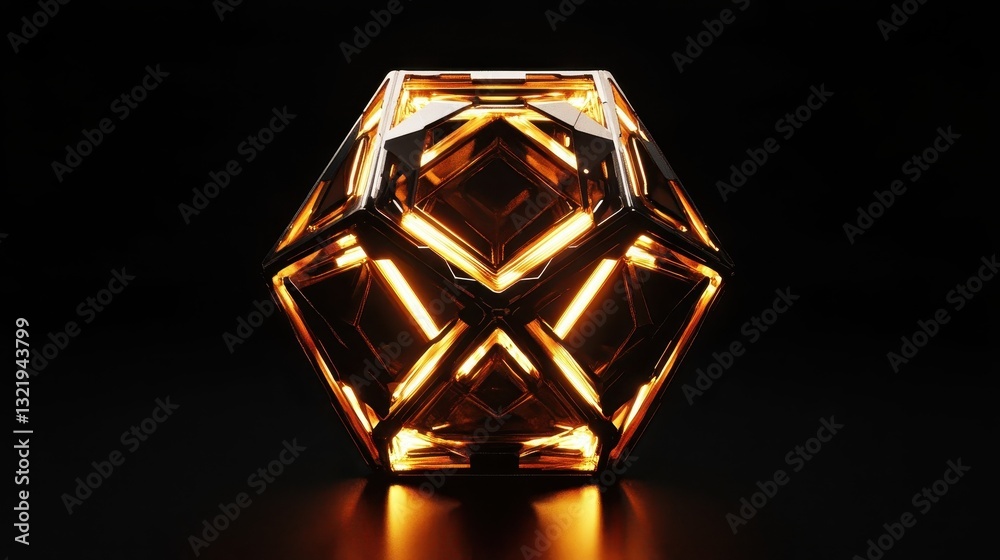 Illuminated metallic geometric structure is centered against black background