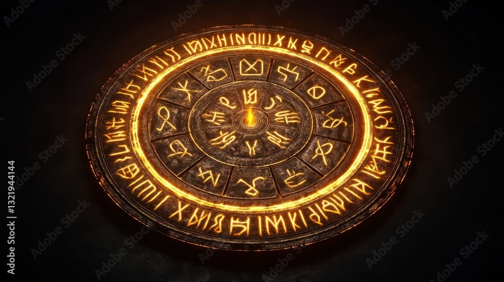 Fototapeta premium A glowing ancient circular stone tablet with runes and symbols