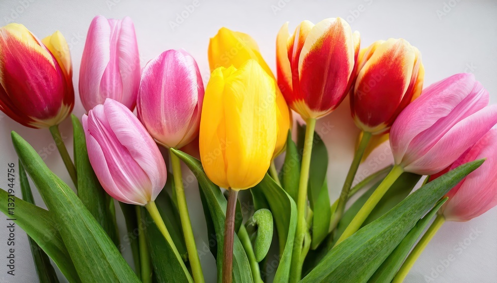Vibrant Spring Blooms Stunning Pink, Yellow, and Red Tulips Arranged in a Fresh Bouquet Against a Soft Natural Backdrop, Radiating Joy and Elegance. Vibrant Spring Blooms Stunning Pink, Yellow, and Red Tulips Arranged in a Fresh Bouquet Against a Soft Natural Backdrop, Radiating Joy and Elegance.