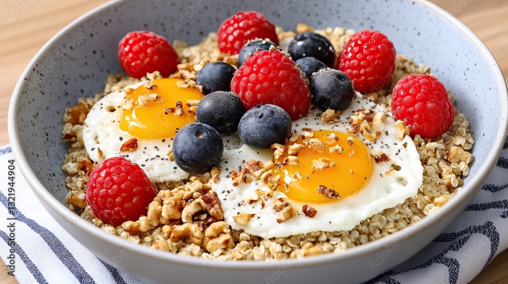 A nutritious breakfast bowl with eggs, berries, and granola. A nutritious breakfast bowl with eggs, berries, and granola.