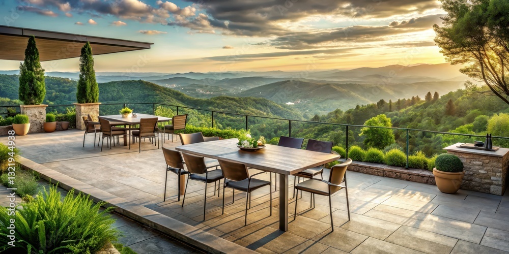 Fototapeta premium Abandoned outdoor dining area with a vacant large terrazza overlooking a scenic landscape, featuring lush greenery and a few scattered patio furniture pieces , empty terrazza, patio furniture