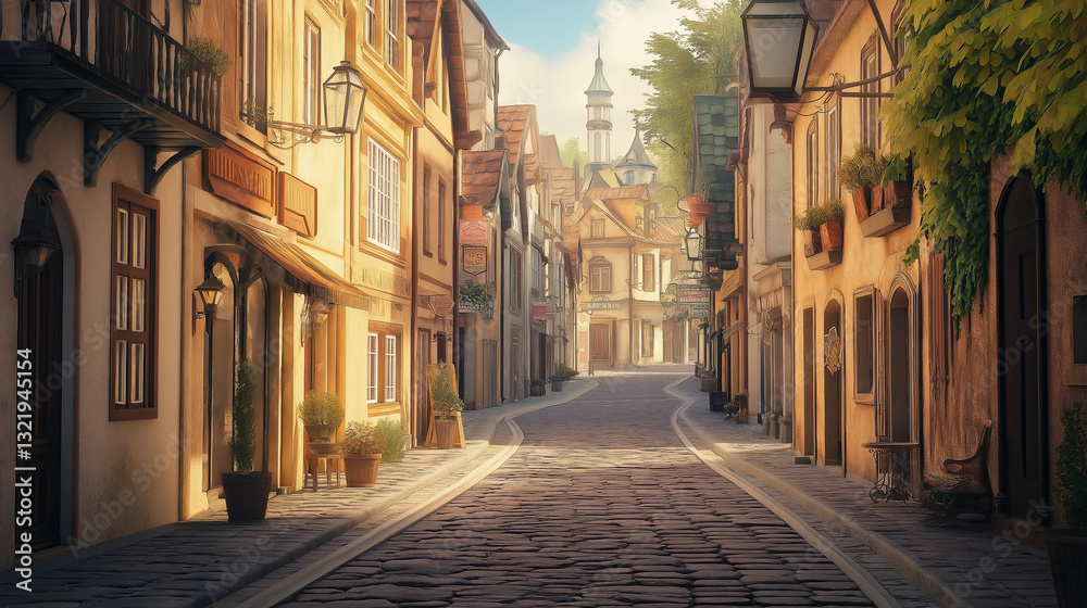 Fototapeta premium A vintage street scene with cobblestone streets and antique street lamps