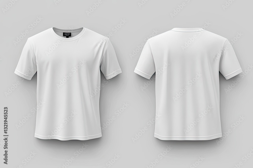 Blank white t-shirt mockup. Front and back views of a plain, white, crew-neck t-shirt with short sleeves, on a light gray background. Realistic rendering Blank white t-shirt mockup. Front and back views of a plain, white, crew-neck t-shirt with short sleeves, on a light gray background. Realistic rendering