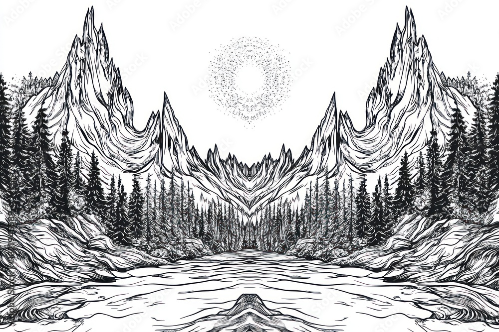 Fototapeta premium Majestic mirrored mountains, tranquil lake, pine forest, mystical sun; nature poster