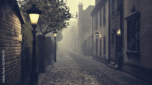 Fototapeta Naklejka Na Ścianę i Meble -  A vintage street scene with cobblestone streets and antique street lamps