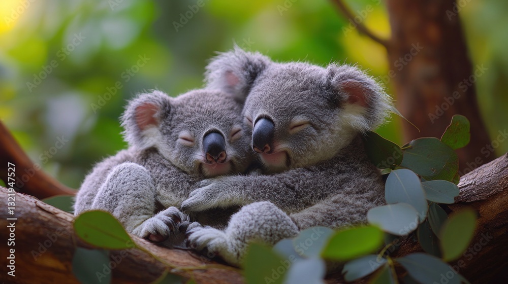 Fototapeta premium Adorable Koala Couple Snuggling on a Eucalyptus Tree Branch
