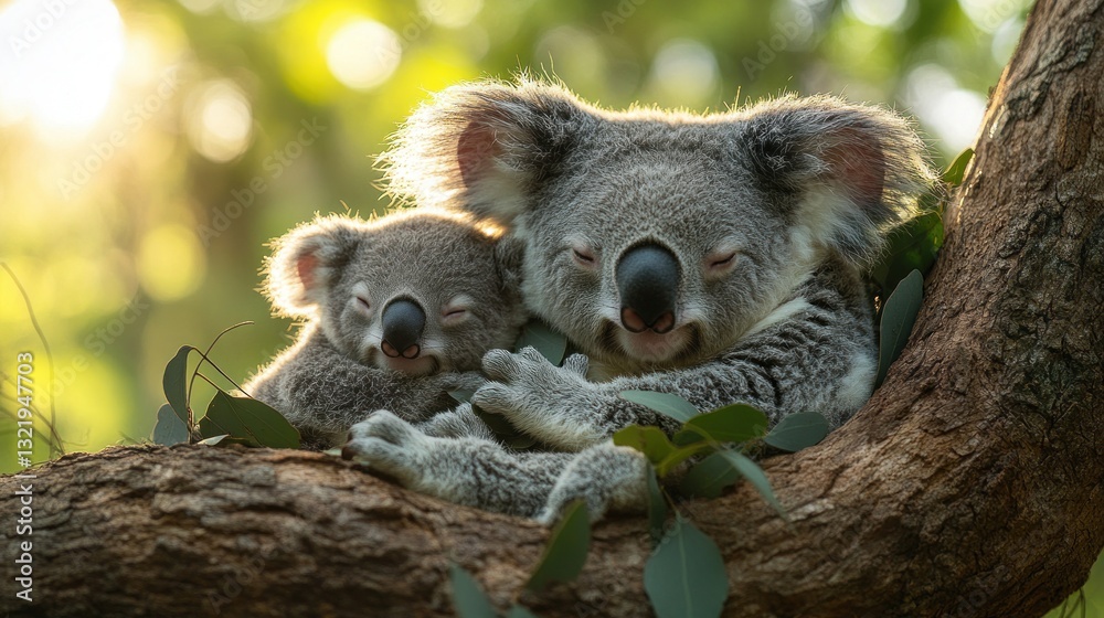 Fototapeta premium Koala Mother and Baby Embracing in Sunlight