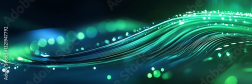 Flowing Green Lines with Glowing Particles Abstract Technology Background