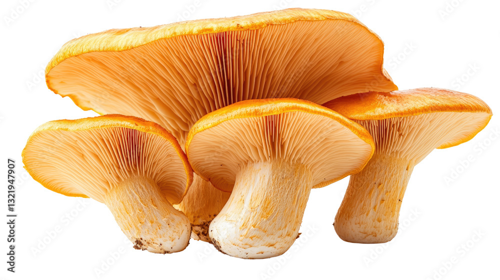 Golden Chanterelle Mushroom Cluster: A close-up studio shot of a cluster of vibrant golden chanterelle mushrooms.