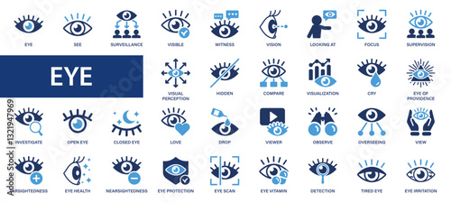Eye flat icons set. Vision, see, visible, eyes, focus, view, witness icons and more signs. Flat icon collection.