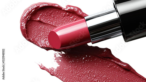 Rosy Red Kiss: An eye-level studio shot captures the sensuous allure of a tube of lipstick elegantly positioned atop a fresh, pigmented smear, highlighting the beauty product's texture and color.