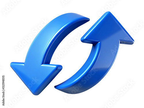 3D render, circular blue arrows, glossy finish, upward and downward pointing, refresh icon, recycling symbol, dynamic motion, digital design, vibrant blue, white background, minimalist