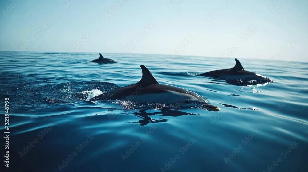 Fototapeta premium Three dolphins are swimming together gracefully in the ocean water