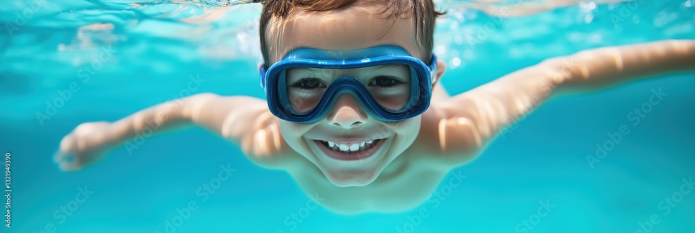 Naklejka premium A joyful boy swims underwater with goggles, showcasing the carefree spirit of childhood and the delight of water play and exploration in a bright blue pool.