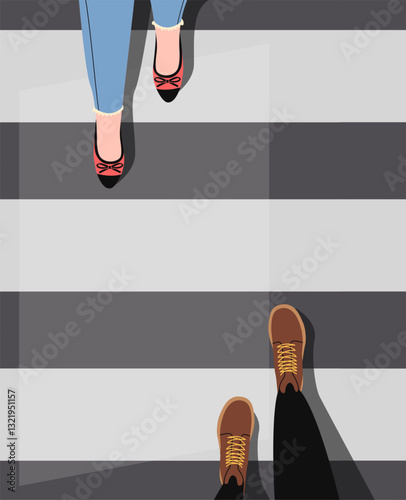 Men and women feet on road crossing top view. Male and female legs. Modern footwear. People in city walking. Crosswalk above. Pedestrians walk cartoon flat style isolated vector concept