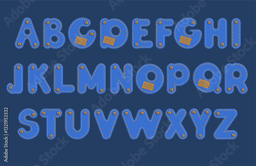 Decorative denim kids font. Blue textile capital letters, orange stitching, indigo jeans alphabet, textured abc design. Fabric patches, english alphabet, casual lettering splendid vector set