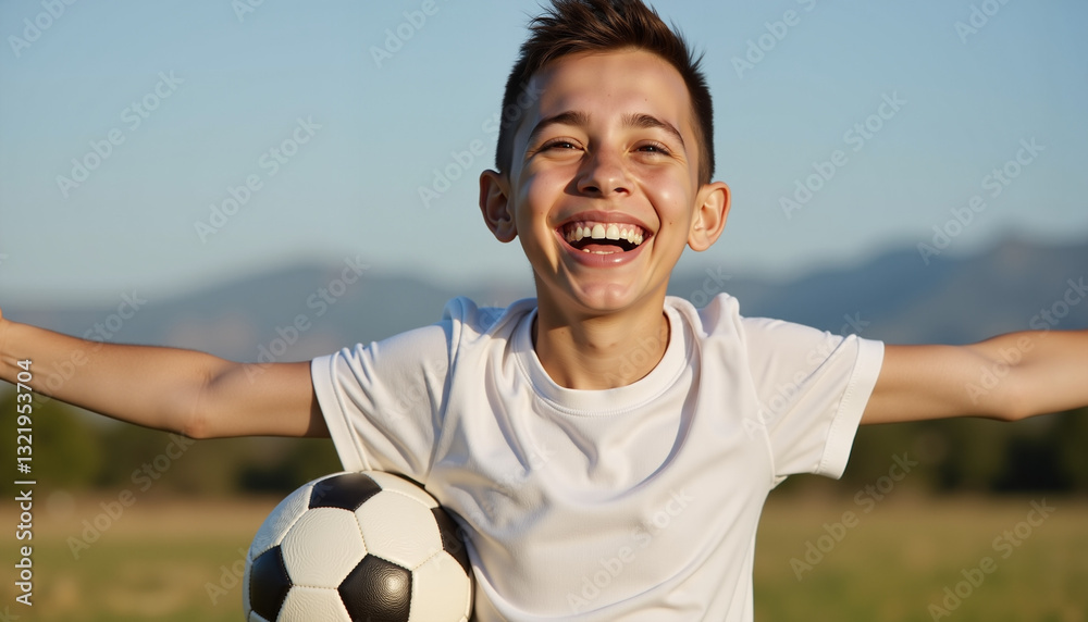 Obraz premium Happy Boy with Joyful Mood Playing Soccer against Distant Mountains Background