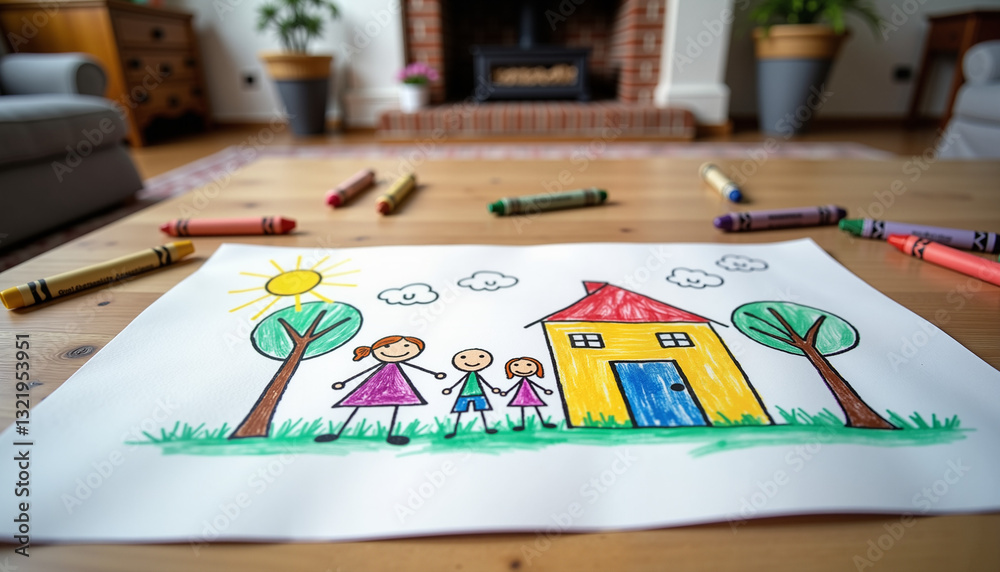 Fototapeta premium Child's Crayon Family Drawing with Stick Figures against Living Room Background