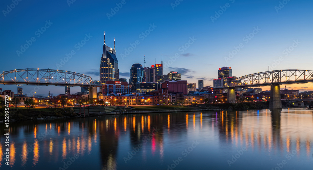Obraz premium Nashville Skyline at Dusk: Cumberland River Lights & City Bridges - Tennessee Nightscape